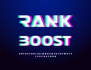 Vector Digital logo Rank Boost. Bright Glitch Font. Techno Futuristic  Alphabet Letters and Numbers set.