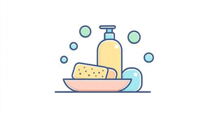 Obraz premium A pastel-colored illustration of bath products. A soap dish with soap and a bottle of liquid soap