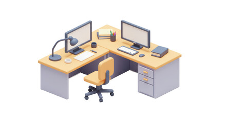 Isolated Modern Office Desk Setup with Computer and Lamp