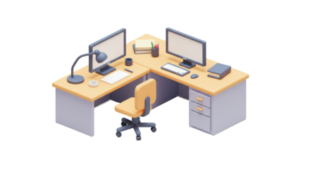 Isolated Modern Office Desk Setup with Computer and Lamp