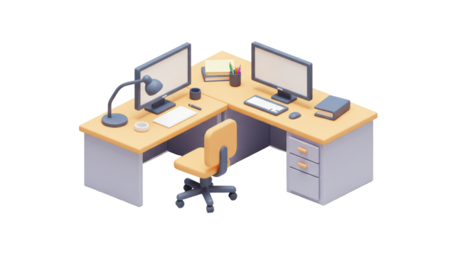 Isolated Modern Office Desk Setup with Computer and Lamp