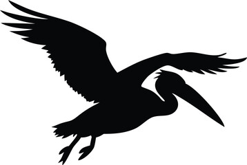 Fototapeta premium A majestic pelican silhouette soars gracefully, wings outstretched against a white background, creating simple beauty