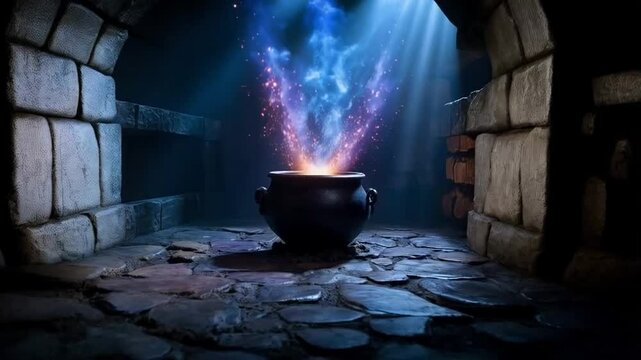 A glowing potion bubbles in the cauldron, its eerie light casting shadows across the ancient chamber.