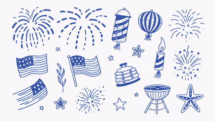 Hand drawn patriotic elements stars stripes banners and celebratory graphics for Independence Day designs
