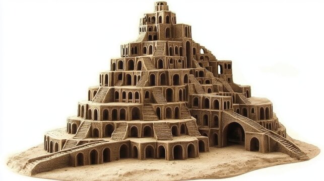 A conceptual representation of the Tower of Babel on a blank background.