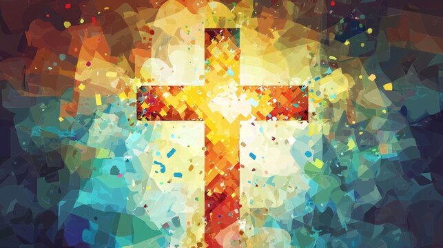 Dynamic paint splashes entwined with a cross symbol.