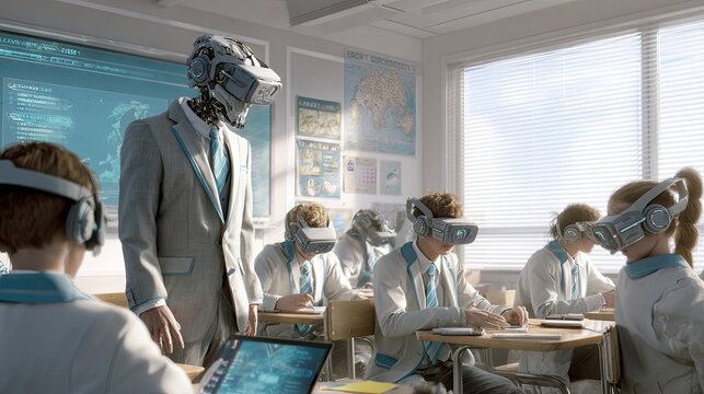 Futuristic education scene with a teacher and students in a classroom using virtual reality headsets, digital screens, bright daylight, photorealistic