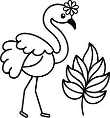 Fototapeta premium Cute Flamingo Line Art with a Tropical Leaf for Coloring and Design