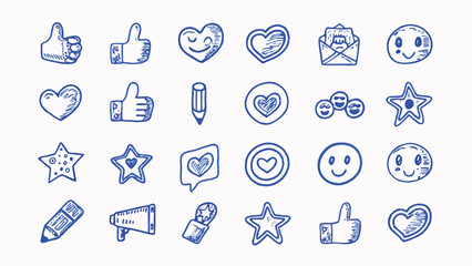 Hand drawn social media icons and engagement elements for digital marketing