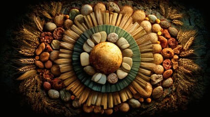 Stone and wheat mosaic artwork, circular pattern, golden center