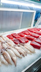 Fresh Squid and Tuna Steaks on Ice in a Refrigerated Display Case