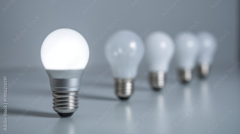 Aufkleber A row of light bulbs showcases one brightly glowing bulb at the front, representing innovation and creativity in a minimalist setting with neutral tones