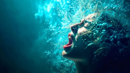 A person desperately gasping for air underwater. The surrounding water is filled with bubbles, which adds a sense of chaos to the scene