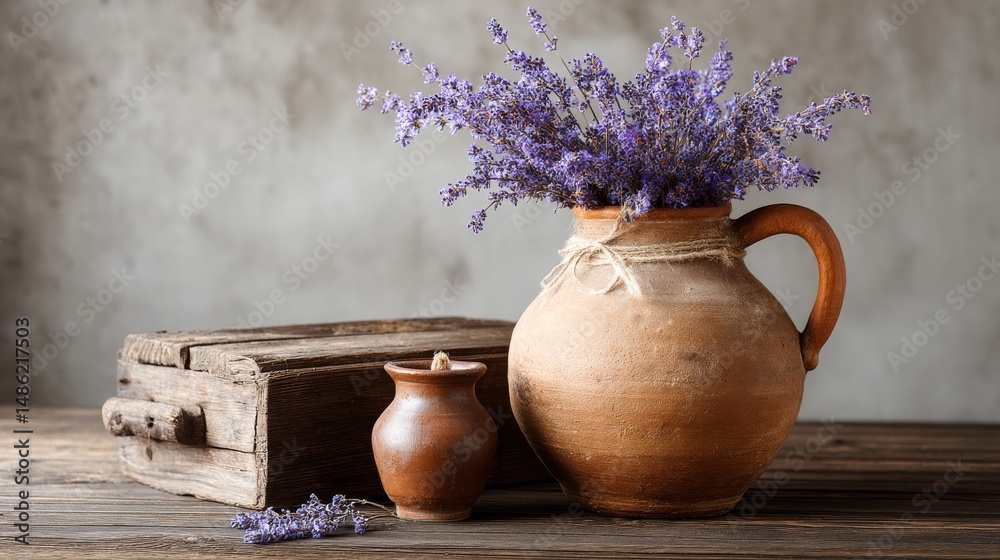 Aufkleber a calming still life arrangement features lavender sprigs in rustic pottery placed on a dark wooden 