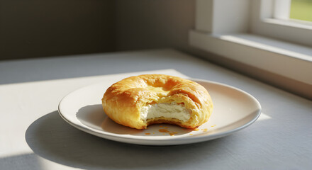 Eating Pastry with Cream Cheese Filling by Window
