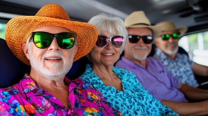 Group of seniors are smiling while wearing hats and sunglasses on a bus trip. - high quality Group of seniors are smiling while wearing hats and sungl