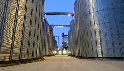 Industrial Grain Silos at Dusk with Barcode Scanners in Interior