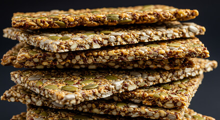 Stack of Seed Crackers with Pumpkin Seeds and Almonds on Dark Background