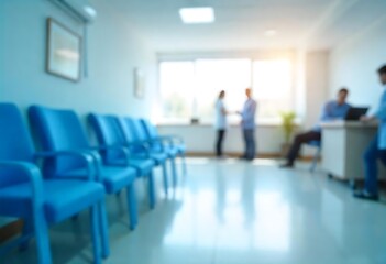 Generative AI Waiting area of a modern hospital or clinic with blue chairs