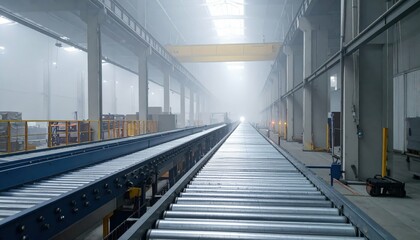 Obraz premium Industrial High Bay Warehouse with Conveyor Belts in Misty Atmosphere