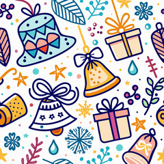 Festive Christmas pattern with bells, gifts, and foliage (1)