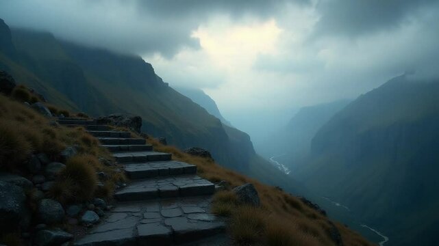 Dramatic sky over steps in a mountain.