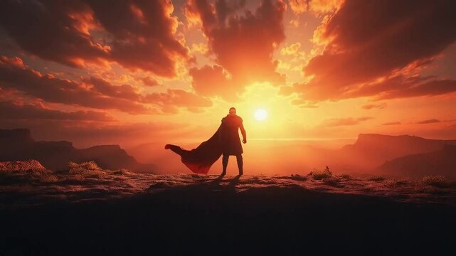 A resolute knight stands at the cliff&rsquo;s edge, golden sunset casting shadows over his armored frame.
