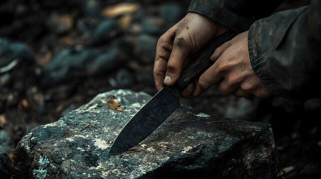 Hands sharpening a knife on a rock in an outdoor forest setting. - Powered by Adobe