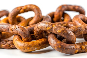 Fototapeta premium Close-Up of Rusted Iron Chain Links on White Background – High Texture Industrial Decay Photo
