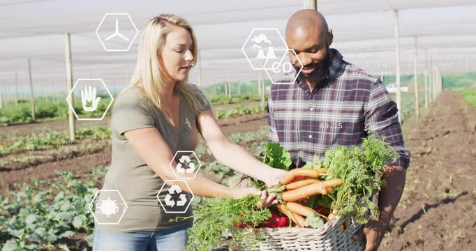Two farmers inspecting wicker basket under shade cloth with animated agriculture metrics overlays