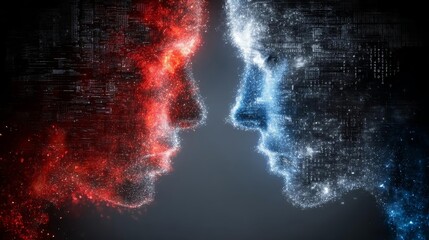 Fototapeta premium Digital faces in red and blue representing conflict. Industrial IoT and Cloud AI