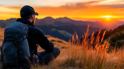 Hiker sitting in grass observes sunrise over distant mountains while wearing backpack and a baseball cap.