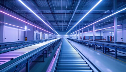 Industrial Refrigerated Warehouse with Conveyor Belts and Neon Lighting