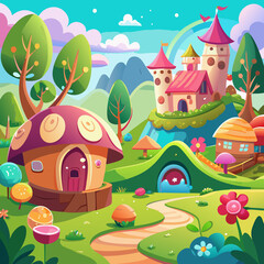 Whimsical fantasy landscape with a charming castle and mushroom houses.  A vibrant, colorful scene