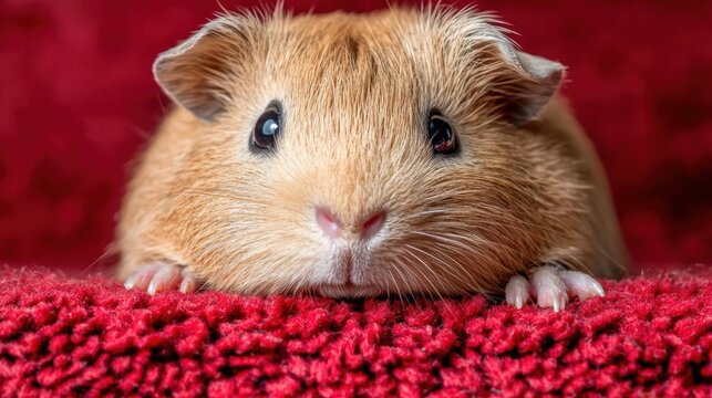 Close-up of a guinea pig lying on a red carpet. the pig has light brown fur with darker brown spots on its face and ears. its eyes are large and round, and its nose is pink.
