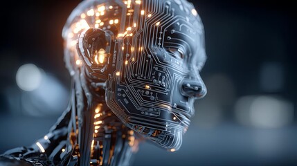 Futuristic robot with intricate circuitry design. Industrial IoT and Cloud AI