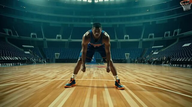A determined man stands ready, eyes locked on the approaching basketball, anticipating the perfect shot.
