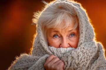 Elderly woman warmly wrapped in a cozy knit sweater, smiling with bright blue eyes against a glowing, soft-focus background.