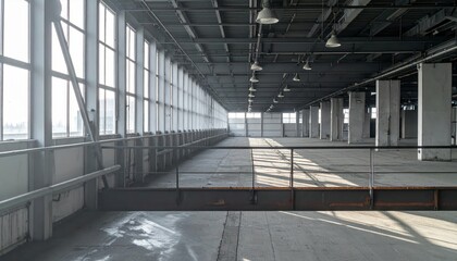 Spacious Industrial Warehouse Mezzanine Bathed in Soft Morning Light