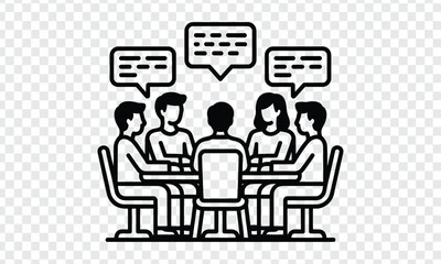 Business team meeting icon – people sitting around table with speech bubbles, communication and collaboration concept