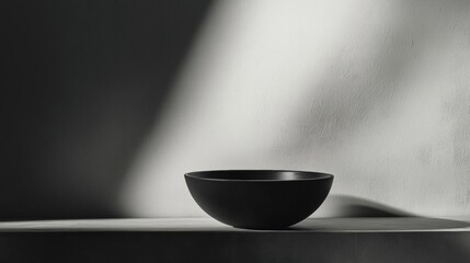 Black and white photograph of a bowl on a concrete surface. the bowl is empty and is placed in the center of the image.