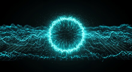 Futuristic glowing circle over data landscape, digital technology visualization concept