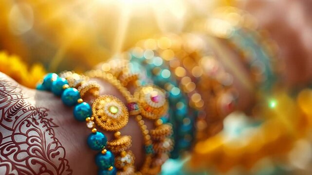 Video of rakhi talisman: sacred thread, happy Raksha Bandhan, religious ritual, cultural tradition, Hindu festival, amulet ceremony, sibling bond, Shravana full moon, Rakri custom barley shoot ritual.