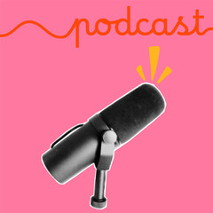 Gritty podcast cover template with pop art style halftone mic, paper collage, bright red background. Designed for modern broadcasts and digital content.