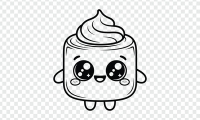 Cute Kawaii Dessert Character with Big Eyes and Whipped Cream Topping – Black and White Cartoon Line Art
