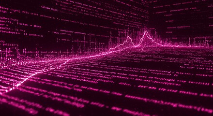Abstract visualization of financial data, code landscape with rising graph