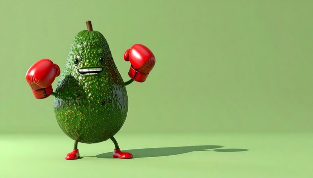 Animated Avocado Character Wearing Boxing Gloves Stands Against Green Backdrop