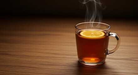 Steaming Lemon Tea in Glass Mug on Wooden Table with Dark Background