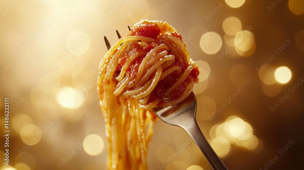 Poster Close-up of a fork with spaghetti and tomato sauce against a bokeh background.