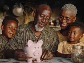 African American grandparents and two children happily saving money together using pink piggy bank at home table representing financial education, family bonding, love, and future wealth planning  